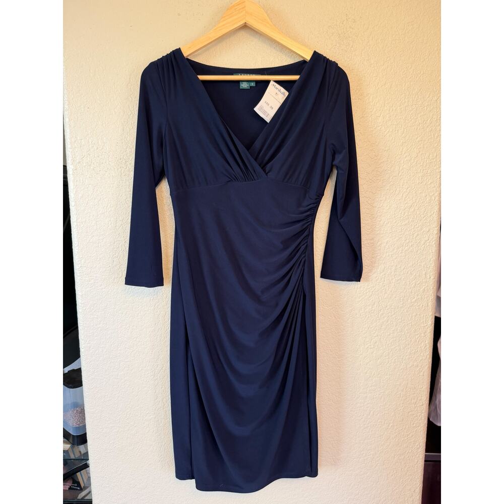NEW Lauren Ralph Lauren Navy Ruched V Neck Midi Dress size 6 Modest - Picture 2 of 7